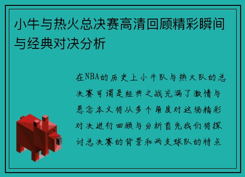 小牛与热火总决赛高清回顾精彩瞬间与经典对决分析